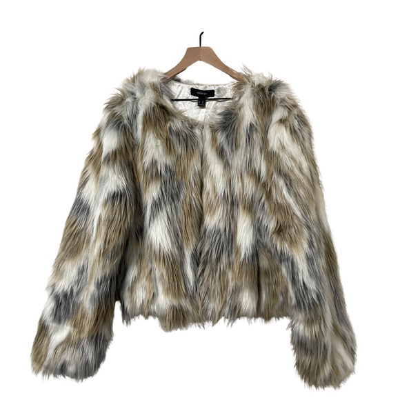 Forever 21 Jackets & Blazers - NWT Forever 21 Tan Gray White Faux Fur Open Front Cozy Jacket Size 3X